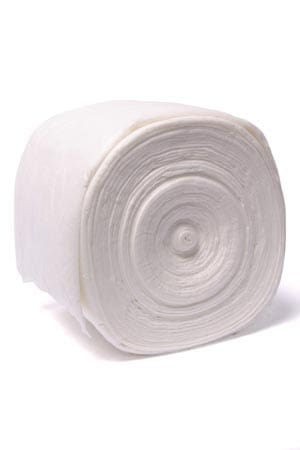 A roll of white toilet paper on a white background.