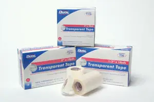 Three boxes of transparent tape on a white background.