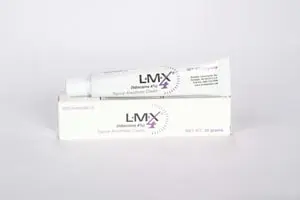 A tube of lmx cream on a white background.