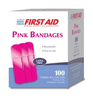 First aid pink bandages in a box.