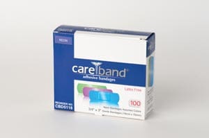 A box of careband bandages on a white background.