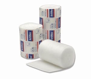 Three rolls of white bandages on a white background.