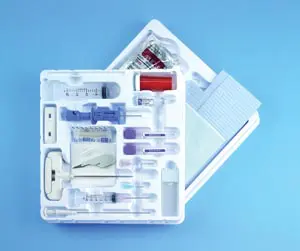 A medical kit on a blue background.