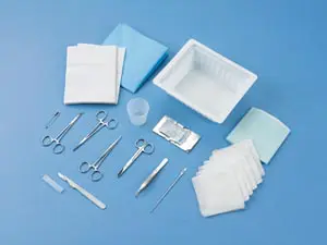 A set of surgical tools on a blue background.