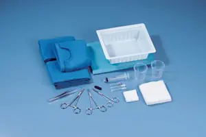 A set of surgical supplies on a blue background.