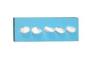 A blue box with five white cotton balls on it.