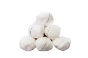 A pile of white cotton balls on a white background.