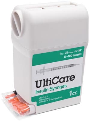 Uticare infusion syringes in a plastic container.