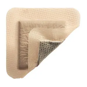 A piece of a beige bandage on a white background.