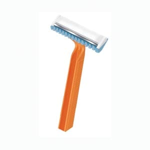 An orange and blue razor on a white background.