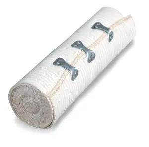 A roll of white bandage with metal hooks on it.