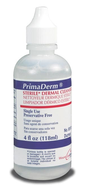 A bottle of primaderm cleanser on a white background.