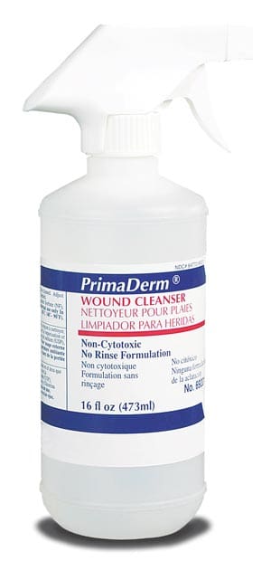 A bottle of primderm water based cleaner on a white background.