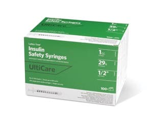 A box of safety syringes in a green box.