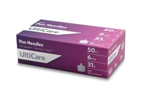 A box of uccare pen needles on a white background.