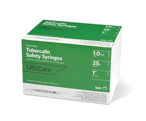 A box of tuberculin safety syringes.