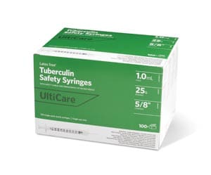 A box of tuberculin safety syringes.