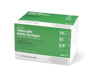 A box of uhc safety syringes in a green box.