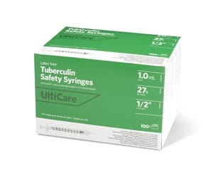 A box of tuberculin safety syringes.