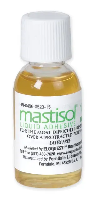 A bottle of mastisol on a white background.