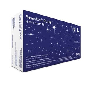 A box of starmed plus nitrile exam gloves.