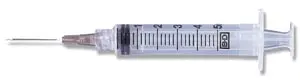 A plastic syringe on a white background.