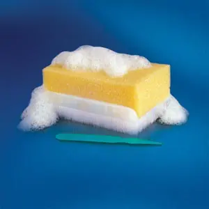 A yellow sponge on a blue background.