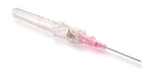 A plastic needle with a pink tip on a white background.