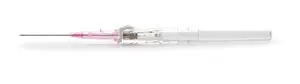 A pink syringe on a white background.