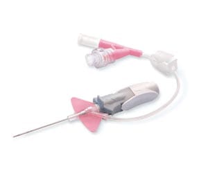 A pink and white syringe with a hose attached to it.