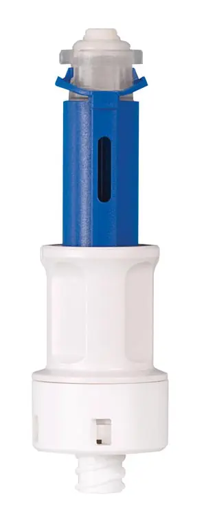 A blue and white water filter with a white lid.