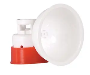 A white and red light bulb on a white background.