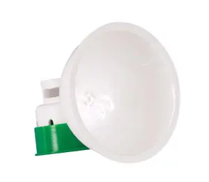 A white and green light bulb on a white background.