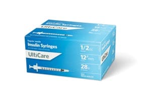 A box of uncare syringes on a white background.