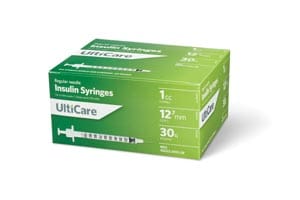 A box of uti care syringes on a white background.