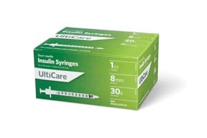 Ukcare syringes in a box on a white background.