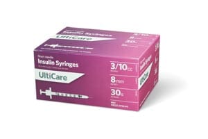 Ukcare injection syringes in a box.