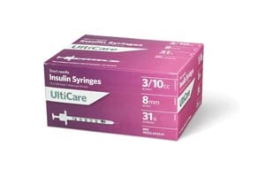 A box of pink syringes on a white background.