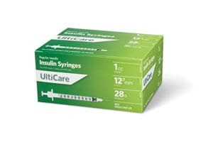 A box of syringes on a white background.