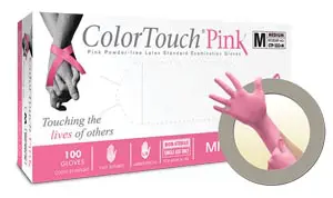 Colortouch pink nitrile gloves in a box.