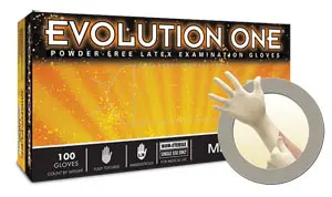 A box of evolution one powdered examination gloves.