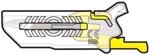 A yellow and white clip with a yellow handle.