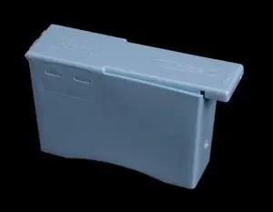 A blue plastic box on a black background.