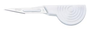 A white plastic knife on a white surface.