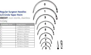 A table with different types of surgical needles.