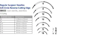 A set of surgical needles with different sizes.