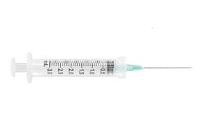 An injection syringe on a white background.