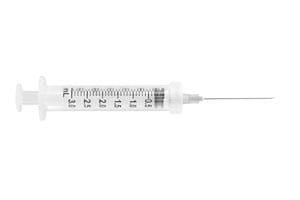 An injection syringe on a white background.