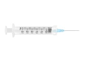 An injection syringe on a white background.