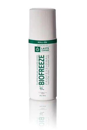 A bottle of biofreeze on a white background.